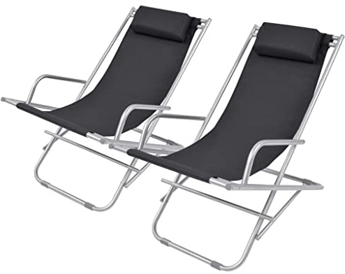 vidaXL 2X Liegestuhl mit Kopfstütze Klappbar Gartenliege Sonnenliege Relaxliege Gartenmöbel Liege Terrasse Balkon Garten Stahl Schwarz
