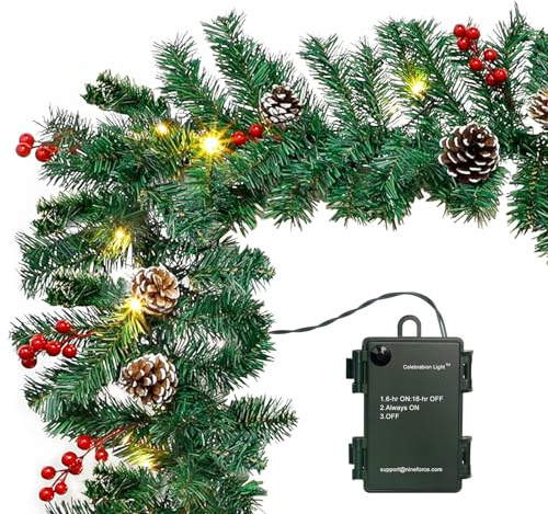 10FT Christmas Garland with 50 LED Lights - Pre-lit Outdoor Xmas Garland - Battery Powered Waterproof String Light with Timer - Pine Garland with Red Berries Snow Pine Cones - 10 Foot by 10 Inch