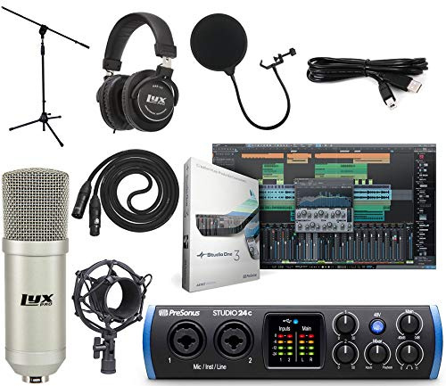 PreSonus Studio 24c 2×2 USB-C Audio/MIDI Interface + Studio One Artist DAW + Cardioid Condenser Microphone Kit with XLR Cable Shockmount Pop Filter Mic Stand and Headphones Bundle