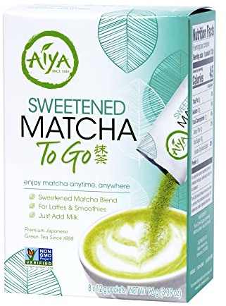Aiya Japanese Sweetened Matcha Powder to Go Sticks - Ceremonial Grade, Vegan-Friendly, Gluten-Free - 8 Individually Packed Single-Serving Sticks for Freshness and Convenience