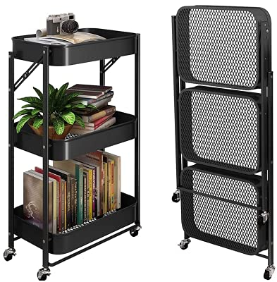 Luchs - Servierwagen, Küchenwagen, Badregal, Organizer, Regal auf Rädern, Rollwagen, Küchenregal, klappbar, Allzweckwagen für Küche, Badezimmer, Bad und Büro mit 3 Ebenen (Schwarz)