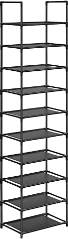 SONGMICS Schuhregal,10 Ebenen, Schuhablage, Schuhaufbewahrung, schmal, 28 x 45 x 173 cm, Metallgestell, Ablagen aus Vliesstoff, für Flur, Schlafzimmer, schwarz LSH010B02