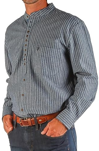 The Celtic Ranch Traditional Irish Grandfather, Men's Casual Long Sleeve Banded Collar Button Down Collarless Dress Shirt, Blue Stripe Contrast Fabric, Large