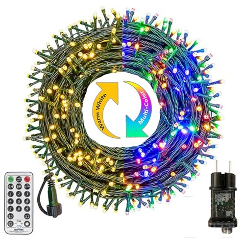 Bowfar Guirnalda Luminosa para Exterior, 10M 100 LED Blanco Cálido y Multicolo Guirnalda de Luces para árbol de Navidad, con Temporizador y Memoria, 11 Modos cadena de luz para Fiestas, Patio, Bodas