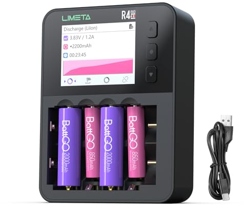LIMETA R4EVO independent 6-slot universal fast-charging battery charger compatible with AA/AAA Lithium Li-ion Lifepo4 Ni-MH 18650 21700 batteries Discharge Analysis Function LCD Display