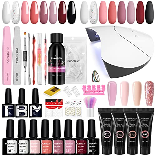 Phoenixy Gel Nagellack Set mit 4 Stk. Poly Nagelgel 36W U V/LED Nagellampe Poly Nagelverlängerunggel Nagel Farblack Gel Geschenk für Frauen