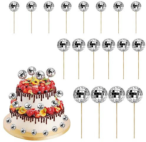Fowecelt Discokugel Deko Tortendeko Spiegelkugel - 18 Stück Mini Disco Kugeln Toppers, Silberne Spiegelkugel für Kuchen Dessert Dekoration, 1970S Disco Ball für Geburtstags 70er 80er 90er Party