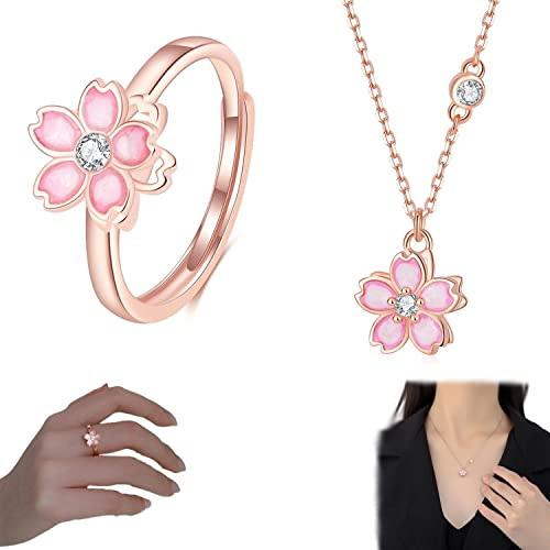 TETHY Sakura Flower Spinner Ring, S925 Verstellbarer Spinner Ring, Linderung von Angst, Stress, Langeweile, beruhigende Sorge, Meditationsringe, Halskettenschmuck (Necklace+Ring)