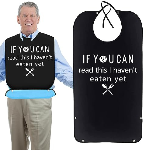 ZNDFTW Funny Adult Bibs for Elderly, Washable and Reusable Adult Bib, Waterproof Clothing Protector with Crumb Catcher Washable and Reusable Adult Bibs for Men, Women, Elderly, Black