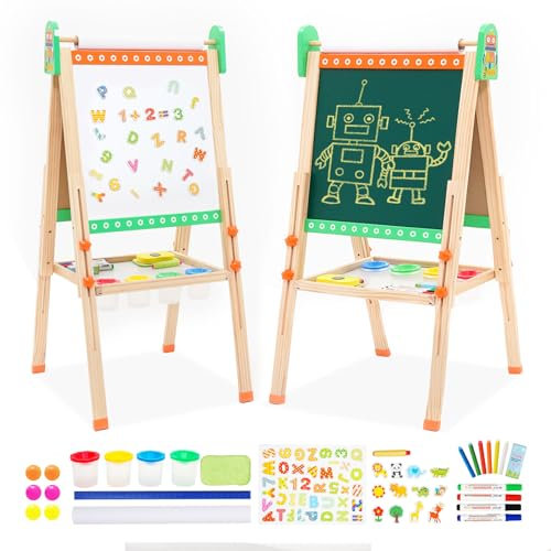 Tableau de jeu en bois pour enfants avec rouleau de papier Tableau blanc double face et tableau noir Pliable Réglable en hauteur Chevalet pour enfants avec motif de robot, chiffres et accessoires