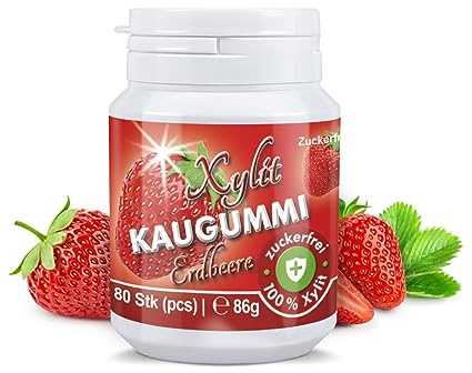 Xylit Kaugummi - Tschüß Karies: 80 zuckerfreie Zahnpflegekaugummi - 100% Xylit, ohne Aspartam, vegan - angenehmer Atem & frischer Mund - Erdbeer-Geschmack (1 Dose)
