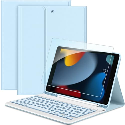 EasyAcc Tastatur Hülle Kompatibel mit iPad 10.2 Zoll 9. / 8. und 7 Generation mit Schutzfolie, [QWERTZ Deutsches], Abnehmbar Tastatur Schutzhülle mit Pencil Halter, Weiß Eisblau