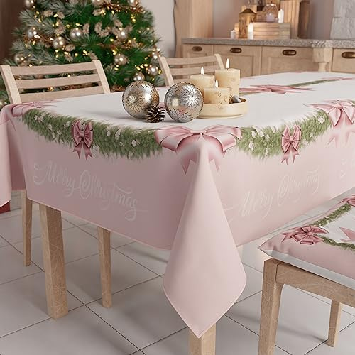 PETTI Artigiani Italiani - Nappe de Noël Anti-Taches Rectangulaire Couvre-Table pour Cuisine, Motif Noeud Rose X6 Places (140 x 180 cm) 100% fabriqué en Italie