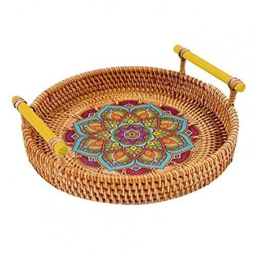 OQHAIR Bandejas Bandeja para Servir Redonda Antideformada Tejida a Mano de Ratán con Asas de Madera Cesta de Mimbre Bandeja de Madera para Panera de Frutas (Color: Azul S)