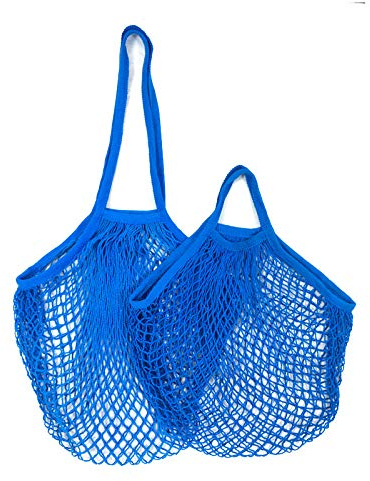 4 STK Netz Einkaufstasche – 2 Größen Netz Tasche Baumwolle mit Griff Wiederverwendbare Faltbar Netzbeutel Tragbar Netztasche Waschbare Netz Beutel für Sandspielzeug,Obst Gemüse Netzbeutel -Blau