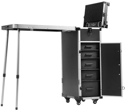 VEVOR Estuche de Maquillaje Profesional de Aluminio, Banco de Trabajo con Patas de Apoyo, Estuche de Cosméticos con Ruedas, Carro Organizador de Viaje Grande, con Ruedas Giratorias de 360°, Negro