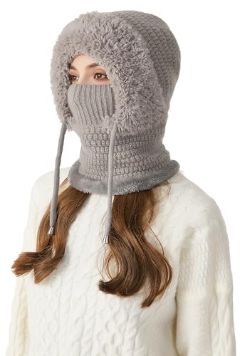 FEOYA Damen Thermal Balaclava Fleece Mütze Kreis Schal Set Weiche Warme Wintermütze mit Fleecefutter Winddichte Skimütze 2 in 1 Strickmütze Outdoor