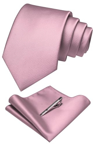 JEMYGINS Set Cravate Homme avec Pochette et Pince a Cravate Unie pour Mariage Business et Ceremonie Or Rose Fonce/Rose Fleur de Cerisier