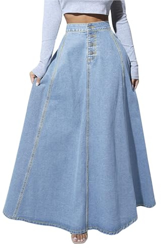 ebossy Women's Retro High Waisted Button Fly Flared Long Jean Skirts Pleated Flowy Swing A-line Denim Maxi Skirts (S, Light Blue)