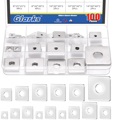 Glarks 100 rondelle quadrate, 15 misure 304, rondelle quadrate in acciaio inox con foro rotondo, guarnizione quadrata per fissaggio hardware