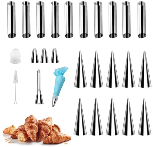 LdawyDE Moldes de Cannol set 27pcs, 20 Molde de Acero Inoxidable Tubo - Molde de Rollo de Panqueque Croissant, 6pcs Juego de Boquillas para Manga Pastelera de Silicona con cepillo de limpieza