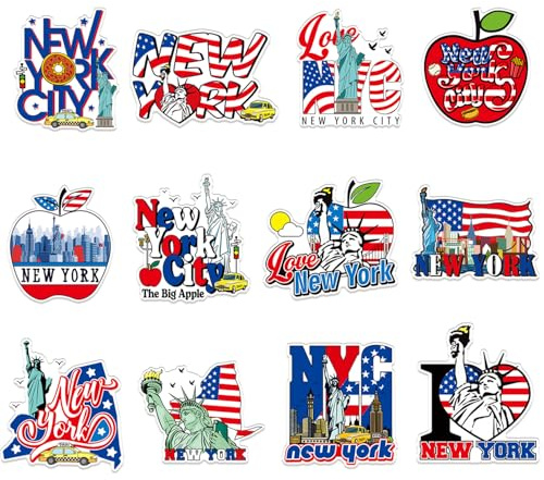 Luvart - Imán para nevera de Nueva York, 12 unidades, imán de Nueva York para nevera, bandera de Estados Unidos, estatua de la Libertad, calcomanías magnéticas para el hogar, oficina, cocina,