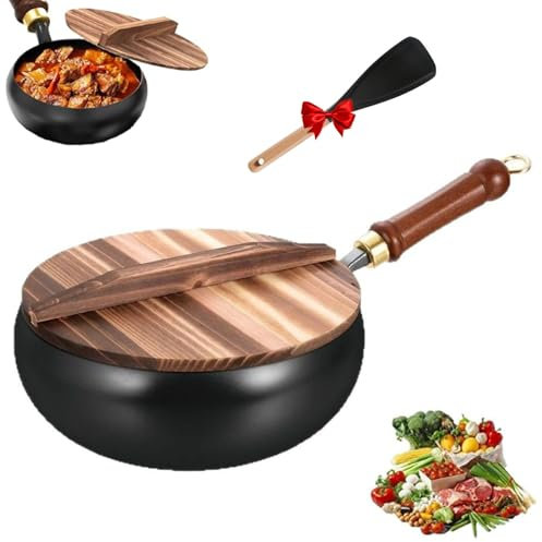 Generisch Japanische Eisenpfanne Geschmiedet, 24/28 Cm Biennll Eisenpfanne Unbeschichtet, Handgeschmiedete Pfannen, Bratpfanne Gusseisen (Holzabdeckung, 24cm)
