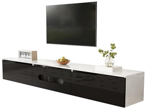 Meuble TV Mural Suspendu Design Moderne avec éclairage LED contrôlé par Application, Portes Push-to-Open, Finition Brillante Mate, Rangement intégré, charnières avec amortisseurs (Noir+Blanc)
