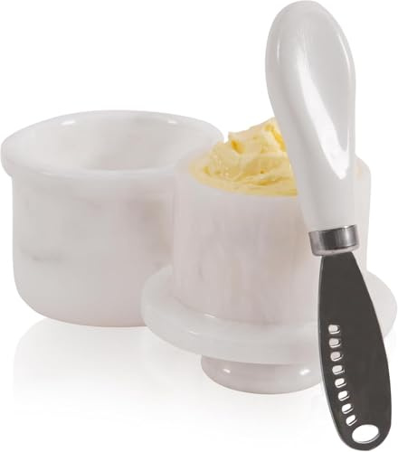 EarthenTones Mantequera de mármol con tapa y cuchillo, jarra de mantequilla francesa de 3.2 pulgadas y plato para mantequilla untable, elegante decoración de cocina y accesorio de mesa hecho a mano