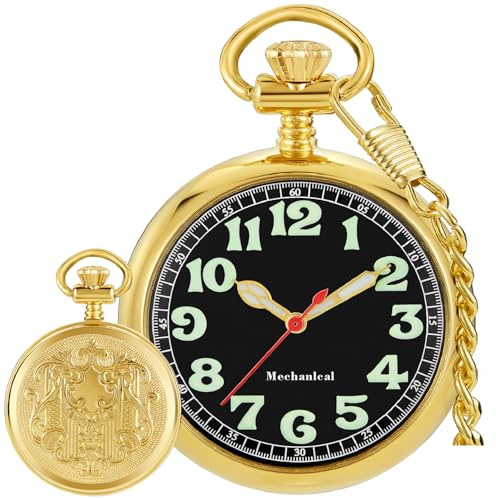 Taschenuhr, Legierung, Handaufzug, mechanische Taschenuhr, arabische Ziffern, Steampunk, mit Kette und Box, 09-Gold, Retro