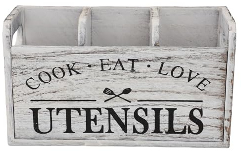 Hiraith Porta di Utensili da Cucina in Legno Vintage, Organizzatore di 3 Compartimenti per Cucchiai, Pinze e Spatole, Legno Rustico Paulownia, Archiviazione e Decorativo