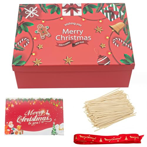 MORAINJAY Geschenkbox Weihnachten, Rot Geschenkkarton Weihnachten mit Deckel, inklusive Schleifenband, Grußkarten und Bastpapier, für Geschenke und Weihnachtsverpackung