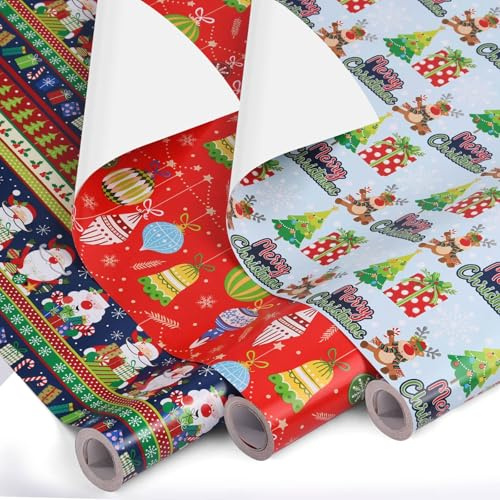 Ahfulife 3 Rollos Papel Regalo Navideño, 43cm x 10M - 3 Rollos de Papel de Embalaje de Navidad Reciclables Papel Kraft Caja de Navidad Regalo Embalaje Decoración de Regalo de Cumpleaños
