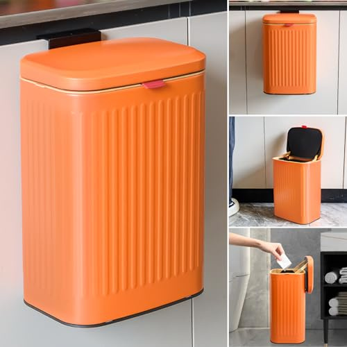 YFNVH Hängender Küchenmülleimer mit Deckel 8L Wandmontage Abfalleimer mit Deckel, beschichtetem Stahl Mülleimer für Küche, Arbeitsplatte, Bad, Schrank (Orange)