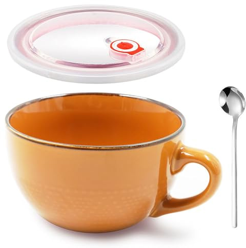 Aarcyye Taza de Café Grande, 700 ml Taza de Café de Cerámica, Bol Grande de Cereales con Asa, Ensaladera, Reutilizable Cuenco de Cerámica para Sopa Con Tapa y Cuchara, Para Restaurantes(Naranja)