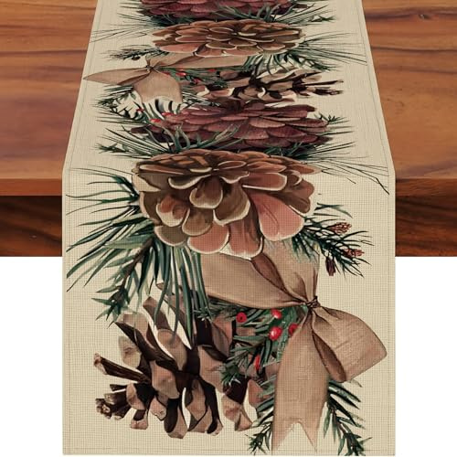JANGYUHH Tannenzapfen Weihnachten Tischläufer Grüne Kiefernnadeln Winter Weihnachtsdeko Tischdeko Outdoor Weihnachtstischläufer Tischdecke Dekoration Tischband 40x140 cm