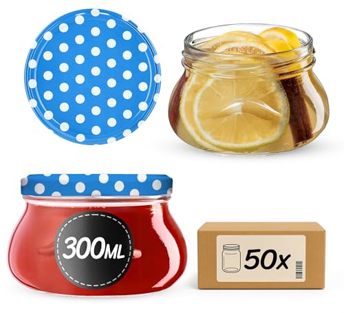 KADAX Lot de 50 bocaux en verre 300ml Ø82 – Couvercle Twist-Off hermétique TO82 – Pour confitures, conserves, cornichons, miel & fermentation