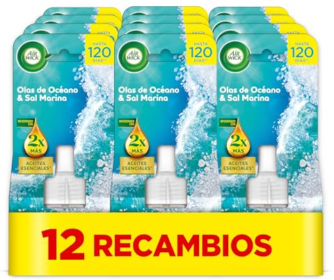 Air Wick Eléctrico Recambio de Ambientador Eléctrico, Esencia para Casa con Aroma a Olas de Océano y Sal Marina - 12 unidades