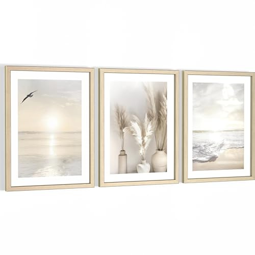 Novart Wandbilder Natur - mit Rahmen leichter Metalleffekt - Wohnzimmer Schlafzimmer Büro Wanddeko - 3 Bilder Set Beige - N129435aR3