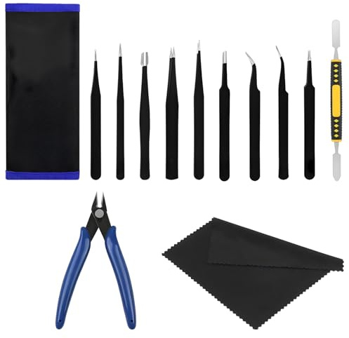 Tweezer Set, 9pcs Precision Tweezers Model Making Tools Sturdy and Durable, with Storage Bag Pliers Cleaning Cloth, Used for Jewelry Manufacturing Modeling Maintenance Laboratory