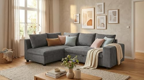 Ecksofa L-Form aus Cordstoff mit Schlaffunktion, dunkelgrau (Ash) – Liegefläche 147 × 207 cm, Breite 243 cm, Sitzhöhe 45 cm, Modell MIRA