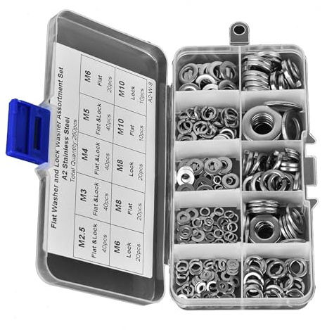 ZJchao Kit Assortimento Rondelle di Bloccaggio, Rondelle Metalliche 260 Pezzi Rondella Piatta in Acciaio Inossidabile Elastiche Con una Gamma di Dimensioni di Sia per gli Appassionati del Fai Te