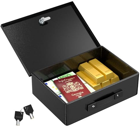 Joinfworld Fireproof Document Box, 13 x 9 x 4 Large Capacity Black Box, Safe Storage with Metal Lock and Keys, Securely Storing, Cash, Passport, Personal Items