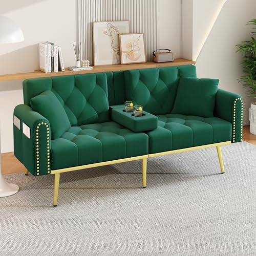 BTM Klein Klappsofa Schlafsofa mit Liegefunktion 2 Sitzer Sofa mit Schlaffunktion für Wohnzimmer Couch Stoffbezug Grün