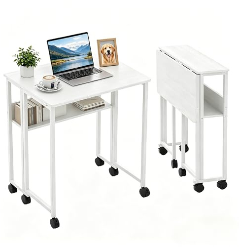 Aptliton Folding Desks,Computer Desk on Wheels,Small Table with Storage Shelf,Space Saving Office Desk for Home Office Bedroom Writing Study,Easy Assembly,White,50D x 63W x 75H