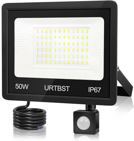 URTBST 50W Faretto LED da Esterno con Sensore di Movimento,5000LM Faretti LED Esterno con Sensore di Movimento,Faro LED IP67 impermeabile,7000K Bianco Freddo Faro LED Esterno per Garage,Giardino
