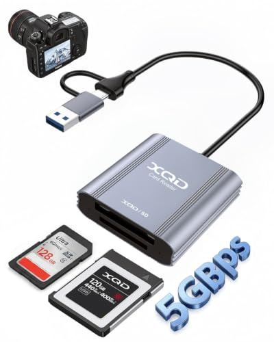 Lector de Tarjetas XQD SD 4 en 1 USB 3.0 con Puertos USB-A y Type-C 5Gbit/s | Series Sony G/M y Tarjetas Lexar Mark, Transferencia Rápida Datos 5Gbps para Fotos RAW, Para Windows, macOS, Linux, Aluminio