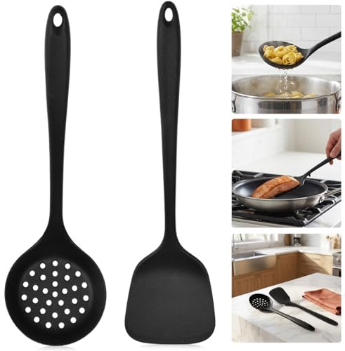 Linzerry Espátula de Silicona y Cuchara Espumadera, 2 PCS Utensilios de Cocina de Silicona Negro, Espátula y Cuchara de Silicona Antihaft y Resistentes al Calor, Pala para Wok, Sartén y Parrilla