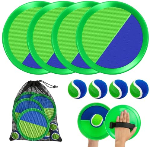 Utomhusspel strand 4 pads och 4 bollar inkluderar nätväska, lätt utomhus lekar barn, strandracket för barn och vuxna vardagsrum parker stränder camping (blå grön)