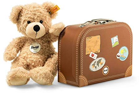 Steiff Kuscheltier Fynn Teddybär im Koffer, Süßes Stofftier mit Kunststoffaugen, Kinder, Jungen & Mädchen, Soft Cuddly Friends, Plüschtier 28 cm, Beige, 111471